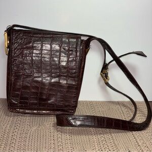 Perlina Elegant Chocolate Brown Leather Faux Croc Crossbody Bag